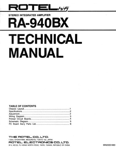 ROTEL RA-940BX STEREO INTEGRATED AMPLIFIER TECHNICAL MANUAL INC PCB SCHEM DIAG AND PARTS LIST 10 PAGES ENG