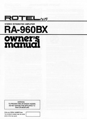 ROTEL RA-960BX STEREO INTEGRATED AMPLIFIER OWNER'S MANUAL 6 PAGES ENG