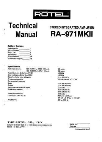 ROTEL RA-971MKII STEREO INTEGRATED AMPLIFIER TECHNICAL MANUAL INC PCB SCHEM DIAG AND PARTS LIST 6 PAGES ENG