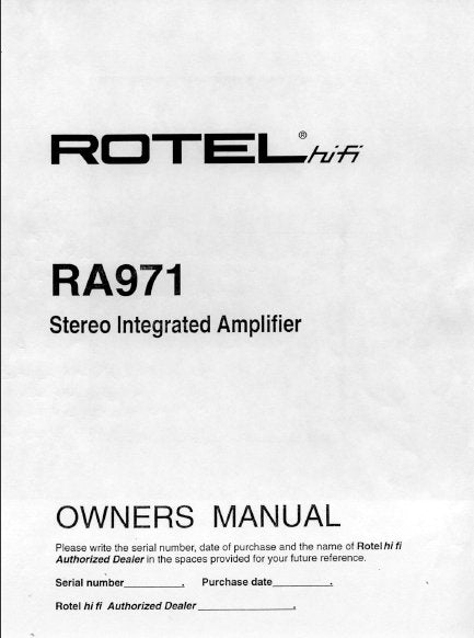ROTEL RA-971 STEREO INTEGRATED AMPLIFIER OWNER'S MANUAL 7 PAGES ENG