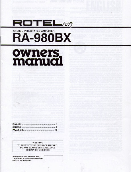ROTEL RA-980BX STEREO INTEGRATED AMPLIFIER OWNER'S MANUAL 6 PAGES ENG