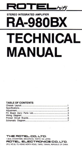 ROTEL RA-980BX STEREO INTEGRATED AMPLIFIER TECHNICAL MANUAL INC PCBS SCHEM DIAG AND PARTS LIST 13 PAGES ENG
