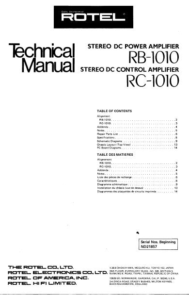 ROTEL RB-1010 STEREO DC POWER AMPLIFIER RC-1010 STEREO DC CONTROL AMPLIFIER TECHNICAL MANUAL INC PCBS SCHEM DIAGS AND PARTS LIST 16 PAGES ENG