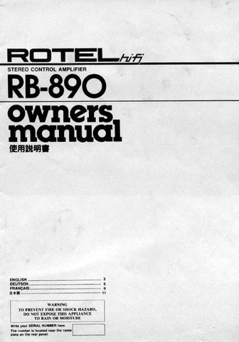 ROTEL RB-890 STEREO CONTROL AMPLIFIER OWNER'S MANUAL 5 PAGES ENG