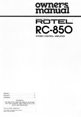 ROTEL RC-850 STEREO CONTROL AMPLIFIER OWNER'S MANUAL 5 PAGES ENG