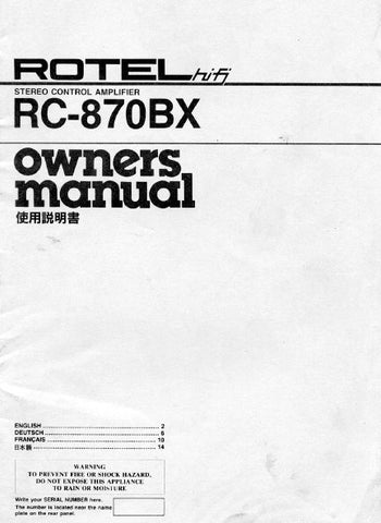 ROTEL RC-870BX STEREO CONTROL AMPLIFIER OWNER'S MANUAL 4 PAGES ENG