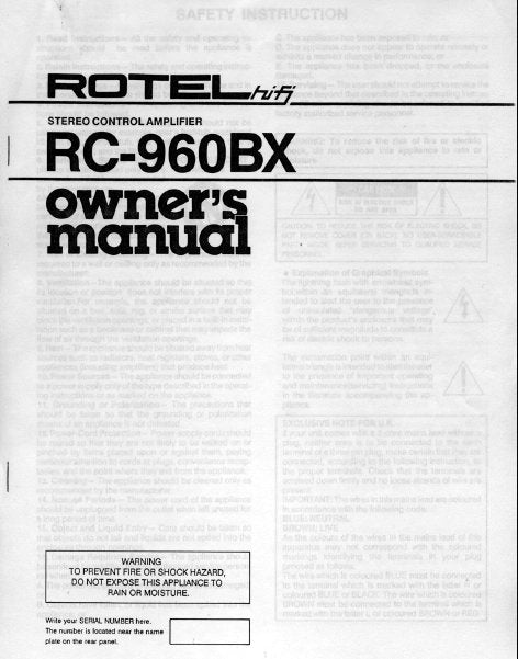 ROTEL RC-960BX STEREO CONTROL AMPLIFIER OWNER'S MANUAL 5 PAGES ENG