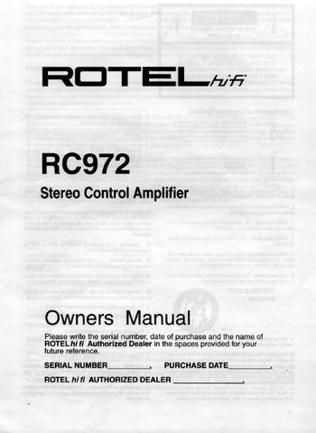 ROTEL RC-972 STEREO CONTROL AMPLIFIER OWNER'S MANUAL 6 PAGES ENG
