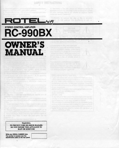 ROTEL RC-990BX STEREO CONTROL AMPLIFIER OWNER'S MANUAL 7 PAGES ENG
