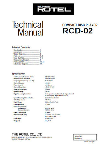 ROTEL RCD-02 CD PLAYER TECHNICAL MANUAL INC PCBS SCHEM DIAG AND PARTS LIST 12 PAGES ENG