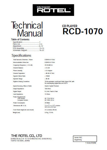ROTEL RCD-1070 CD PLAYER TECHNICAL MANUAL INC PCB SCHEM DIAG AND PARTS LIST 9 PAGES ENG