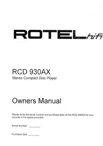 ROTEL RCD-930AX STEREO STEREO CD PLAYER OWNER'S MANUAL 6 PAGES ENG