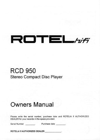 ROTEL RCD-950 STEREO CD PLAYER OWNER'S MANUAL 7 PAGES ENG