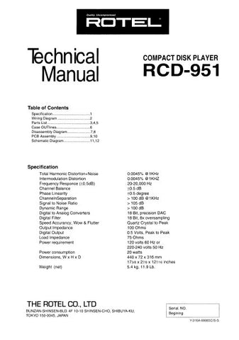 ROTEL RCD-951 CD PLAYER TECHNICAL MANUAL INC PCBS SCHEM DIAG AND PARTS LIST 12 PAGES ENG