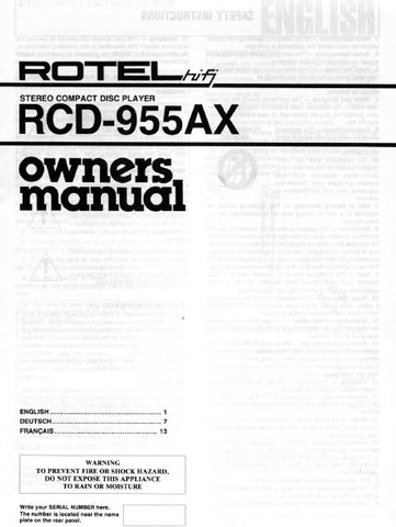 ROTEL RCD-955 STEREO CD PLAYER OWNER'S MANUAL 8 PAGES ENG