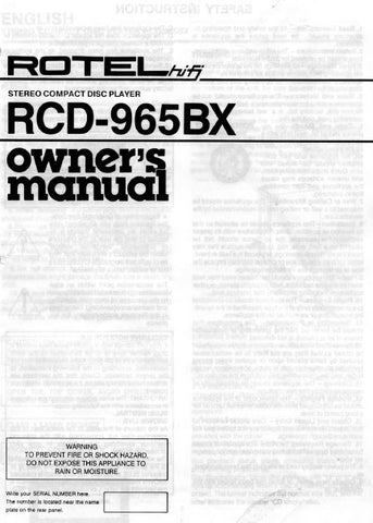 ROTEL RCD-965BX STEREO CD PLAYER OWNER'S MANUAL 8 PAGES ENG