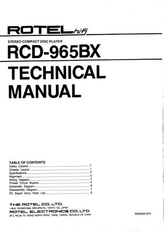 ROTEL RCD-965BX STEREO CD PLAYER TECHNICAL MANUAL INC PCBS SCHEM DIAG AND PARTS LIST 25 PAGES ENG