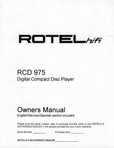 ROTEL RCD-975 STEREO CD PLAYER OWNER'S MANUAL 5 PAGES ENG