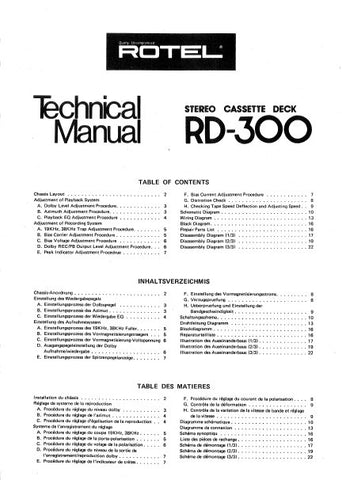 ROTEL RD-300 STEREO CASSETTE DECK TECHNICAL MANUAL INC BLK DIAG PCBS SCHEM DIAG AND PARTS LIST 12 PAGES ENG FRANC DEUT