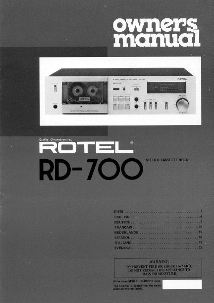 ROTEL RD-700 STEREO CASSETTE DECK OWNER'S MANUAL 4 PAGES ENG