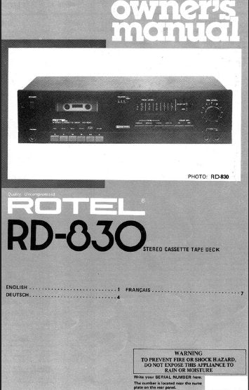 ROTEL RD-830 STEREO CASSETTE DECK OWNER'S MANUAL 5 PAGES ENG