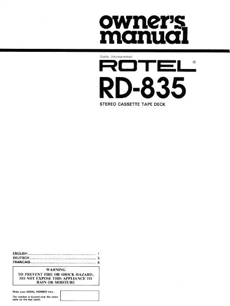 ROTEL RD-835 STEREO CASSETTE DECK OWNER'S MANUAL 5 PAGES ENG