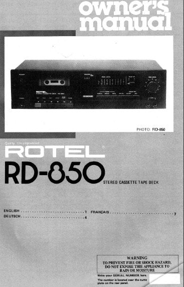 ROTEL RD-850 STEREO CASSETTE DECK OWNER'S MANUAL 5 PAGES ENG