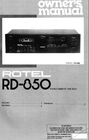 ROTEL RD-850 STEREO CASSETTE DECK OWNER'S MANUAL 5 PAGES ENG