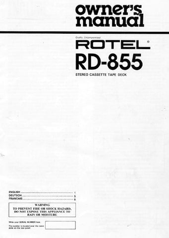 ROTEL RD-855 STEREO CASSETTE TAPE DECK OWNER'S MANUAL 5 PAGES ENG
