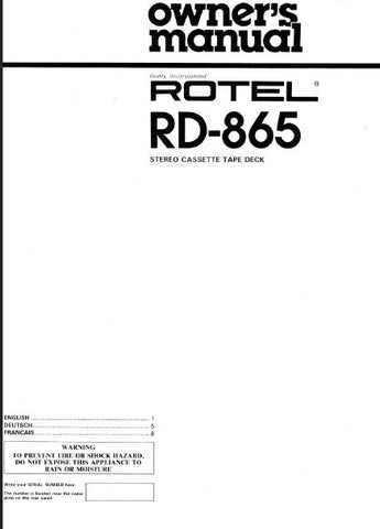 ROTEL RD-865 STEREO CASSETTE TAPE DECK OWNER'S MANUAL 5 PAGES ENG