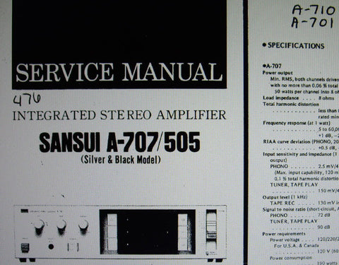 SANSUI A-505 A-707 A-710 A-701 STEREO INTEGRATED AMP SERVICE MANUAL INC BLK DIAG SCHEMS PCBS AND PARTS LIST 16 PAGES ENG