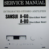 SANSUI A-60 A-80 INTEGRATED STEREO AMP SERVICE MANUAL INC BLK DIAGS AND SCHEM DIAG 4 PAGES ENG