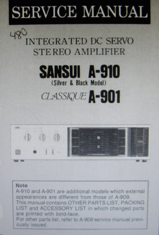 SANSUI A-910 CLASSIQUE A-901 INTEGRATED DC SERVO STEREO AMP SERVICE MANUAL 2 PAGES ENG