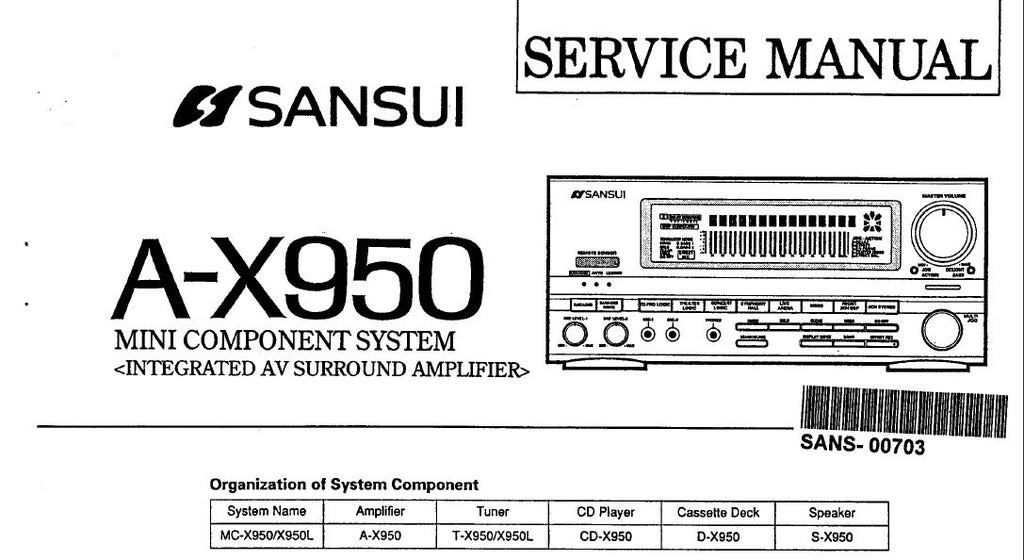SANSUI A-X950 MINI COMPONENT SYSTEM INTEGRATED AV SURROUND AMP SERVICE MANUAL INC BLK DIAGS SCHEMS PCBS AND PARTS LIST 24 PAGES ENG