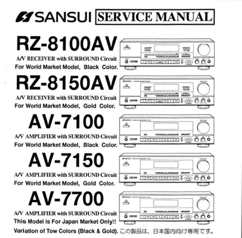 SANSUI AV-7100 AV-7150 AV-7700 AV AMP RZ-8100AV RZ-8150AV AV RECEIVER SERVICE MANUAL INC BLK DIAGS SCHEMS PCBS AND PARTS LIST 40 PAGES ENG