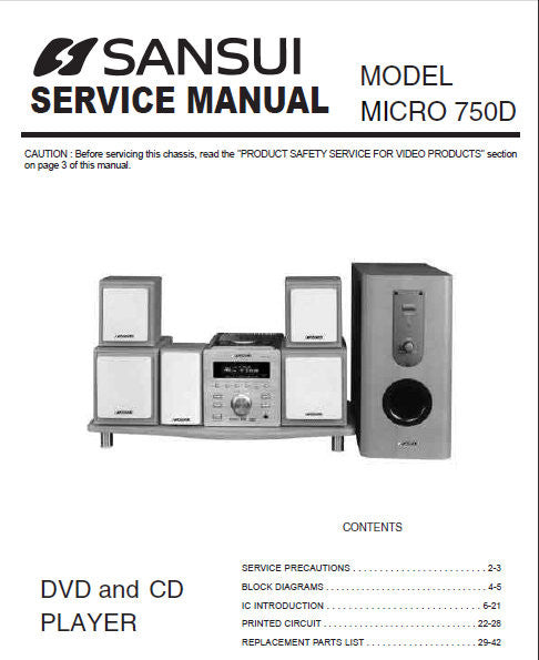 SANSUI MICRO 750D DVD AND CD PLAYER SERVICE MANUAL INC BLK DIAGS SCHEMS PCBS AND PARTS LIST 42 PAGES ENG