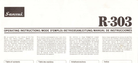 SANSUI R-303 STEREO RECEIVER OPERATING INSTRUCTIONS INC CONN DIAGS 20 PAGES ENG FRANC DEUT ESP