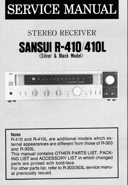 SANSUI R-410 R-410L STEREO RECEIVER SERVICE MANUAL INC PARTS LIST 2 PAGES ENG