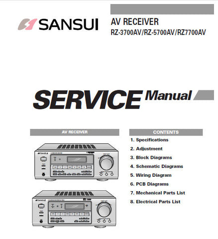 SANSUI RZ-3700AV RZ-5700AV RZ-7700AV AV RECEIVER SERVICE MANUAL INC BLK DIAGS WIRING DIAGS SCHEMS PCBS AND PARTS LIST 52 PAGES ENG