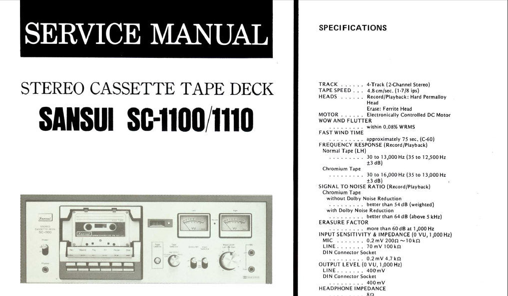 SANSUI SC-1100 SC-1110 STEREO CASSETTE TAPE DECK SERVICE MANUAL INC BLK DIAGS SCHEM DIAG PCBS AND PARTS LIST 18 PAGES ENG