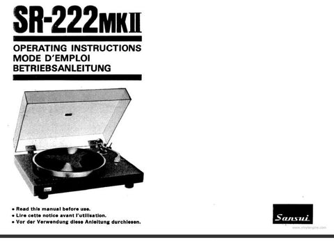 SANSUI SR-222MKII TWO SPEED BELT DRIVEN TURNTABLE OPERATING INSTRUCTIONS INC CONN DIAG 26 PAGES ENG DEUT FRANC