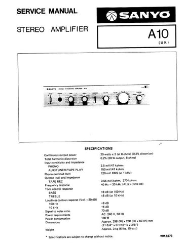 SANYO A10 STEREO INTEGRATED AMPLIFIER UK SERVICE MANUAL INC PCBS SCHEM DIAG AND PARTS LIST 8 PAGES ENG