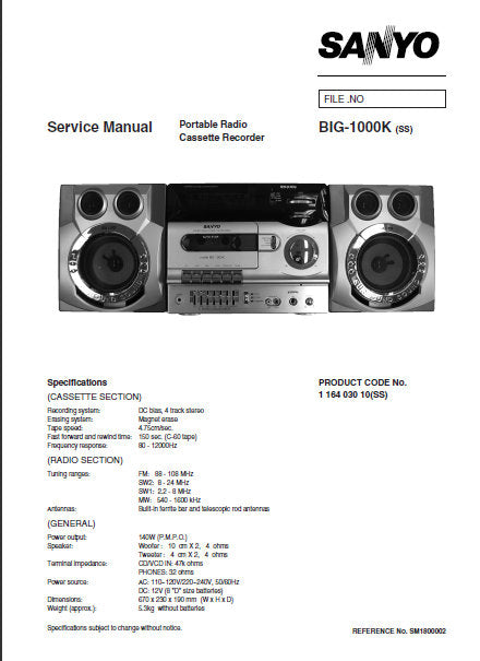 SANYO BIG-1000K PORTABLE RADIO CASSETTE RECORDER SERVICE MANUAL INC BLK DIAG PCBS SCHEM DIAGS AND PARTS LIST 26 PAGES ENG