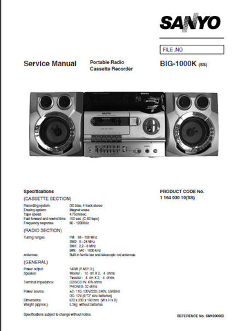 SANYO BIG-1000K PORTABLE RADIO CASSETTE RECORDER SERVICE MANUAL INC BLK DIAG PCBS SCHEM DIAGS AND PARTS LIST 26 PAGES ENG