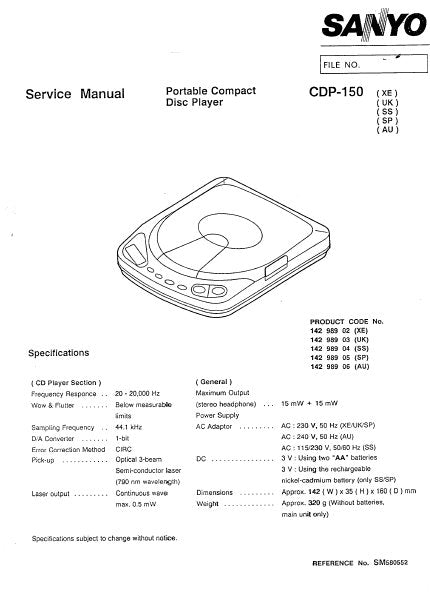 SANYO CDP-150 PORTABLE CD PLAYER SERVICE MANUAL INC BLK DIAG PCBS SCHEM DIAGS AND PARTS LIST 21 PAGES ENG