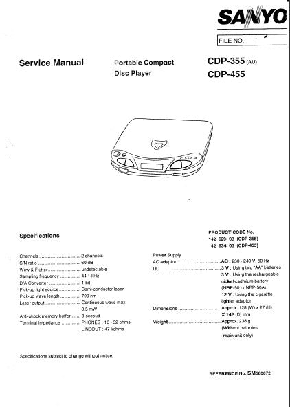 SANYO CDP-355 CDP-455 PORTABLE CD PLAYER SERVICE MANUAL INC BLK DIAG PCBS SCHEM DIAG AND PARTS LIST 21 PAGES ENG