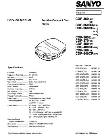 SANYO CDP-360 CDP-360BX CDP-360CR CDP-360E CDP-370 CDP-400 CDP-400CR CDP-560 CDP-640CR PORTABLE CD PLAYER SERVICE MANUAL INC PCBS SCHEM DIAGS AND PARTS LIST 18 PAGES ENG
