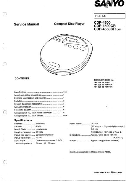 SANYO CDP-4500 CDP-4500CR CDP-4550CR CD PLAYER SERVICE MANUAL INC PCBS SCHEM DIAG AND PARTS LIST  9 PAGES ENG