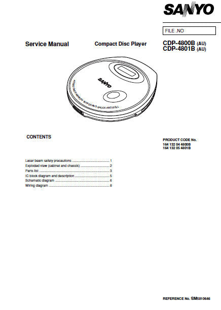 SANYO CDP-4800B (AU) CDP-4801B (AU) CD PLAYER SERVICE MANUAL INC PCBS SCHEM DIAG AND PARTS LIST 10 PAGES ENG