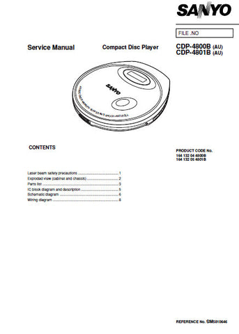 SANYO CDP-4800B (AU) CDP-4801B (AU) CD PLAYER SERVICE MANUAL INC PCBS SCHEM DIAG AND PARTS LIST 10 PAGES ENG